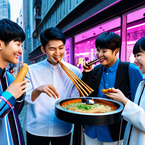 Home 6 A diverse K-pop idol group, fully clothed in stylish yet modest performance attire, is playfully engaging with local culture in a vibrant, futuristic urban setting. One member is politely trying a traditional food item, another is smiling while holding a local musical instrument. In the background, subtle holographic data visualizations of global musical trends and AI algorithms glow softly, representing technological integration. The scene is well-lit, professional photography, capturing a candid, natural pose. safe for work, appropriate content, fully clothed, professional, perfect anatomy, correct proportions, natural body proportions, well-formed hands, proper finger count, high quality.