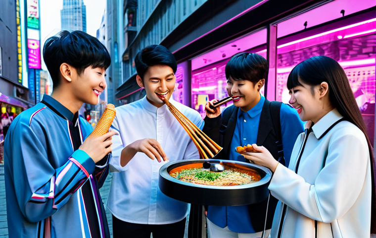 A diverse K-pop idol group, fully clothed in stylish yet modest performance attire, is playfully engaging with local culture in a vibrant, futuristic urban setting. One member is politely trying a traditional food item, another is smiling while holding a local musical instrument. In the background, subtle holographic data visualizations of global musical trends and AI algorithms glow softly, representing technological integration. The scene is well-lit, professional photography, capturing a candid, natural pose. safe for work, appropriate content, fully clothed, professional, perfect anatomy, correct proportions, natural body proportions, well-formed hands, proper finger count, high quality.