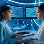 Home 16 Perfume의 전자음악 혁신과 세계 무대 진출 - **Prompt:** A futuristic music studio where three elegant female artists are engrossed in creating e...