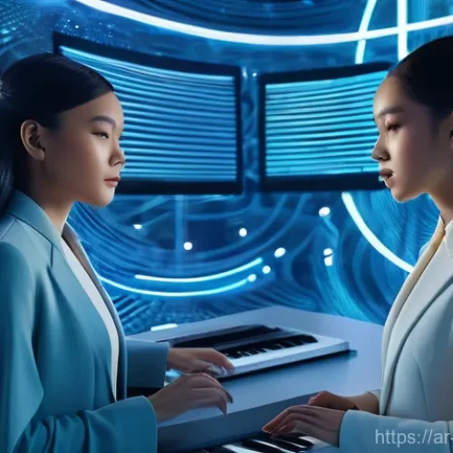 Home 28 Perfume의 전자음악 혁신과 세계 무대 진출 - **Prompt:** A futuristic music studio where three elegant female artists are engrossed in creating e...