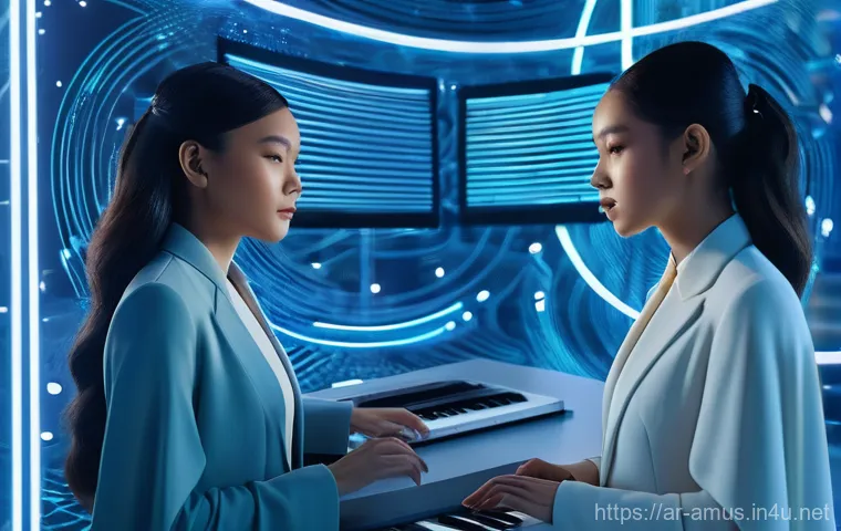 Perfume의 전자음악 혁신과 세계 무대 진출 - **Prompt:** A futuristic music studio where three elegant female artists are engrossed in creating e...