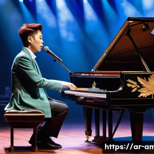 Home 27 Henry Lau와 캐나다 중국 간 다리 역할 - A vibrant and harmonious scene depicting Henry Lau performing on stage, blending Western piano and t...