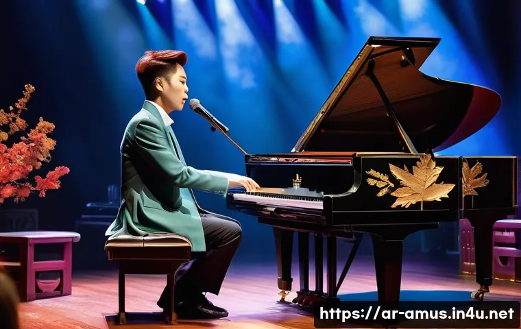 Henry Lau와 캐나다 중국 간 다리 역할 - A vibrant and harmonious scene depicting Henry Lau performing on stage, blending Western piano and t...