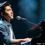 Home 19 Eric Chou의 감성 발라드와 대만 차트 기록 - A serene and emotional scene of a young Asian male singer-songwriter performing on stage with soft l...