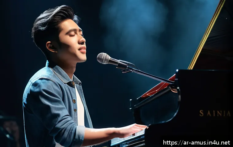 Eric Chou의 감성 발라드와 대만 차트 기록 - A serene and emotional scene of a young Asian male singer-songwriter performing on stage with soft l...
